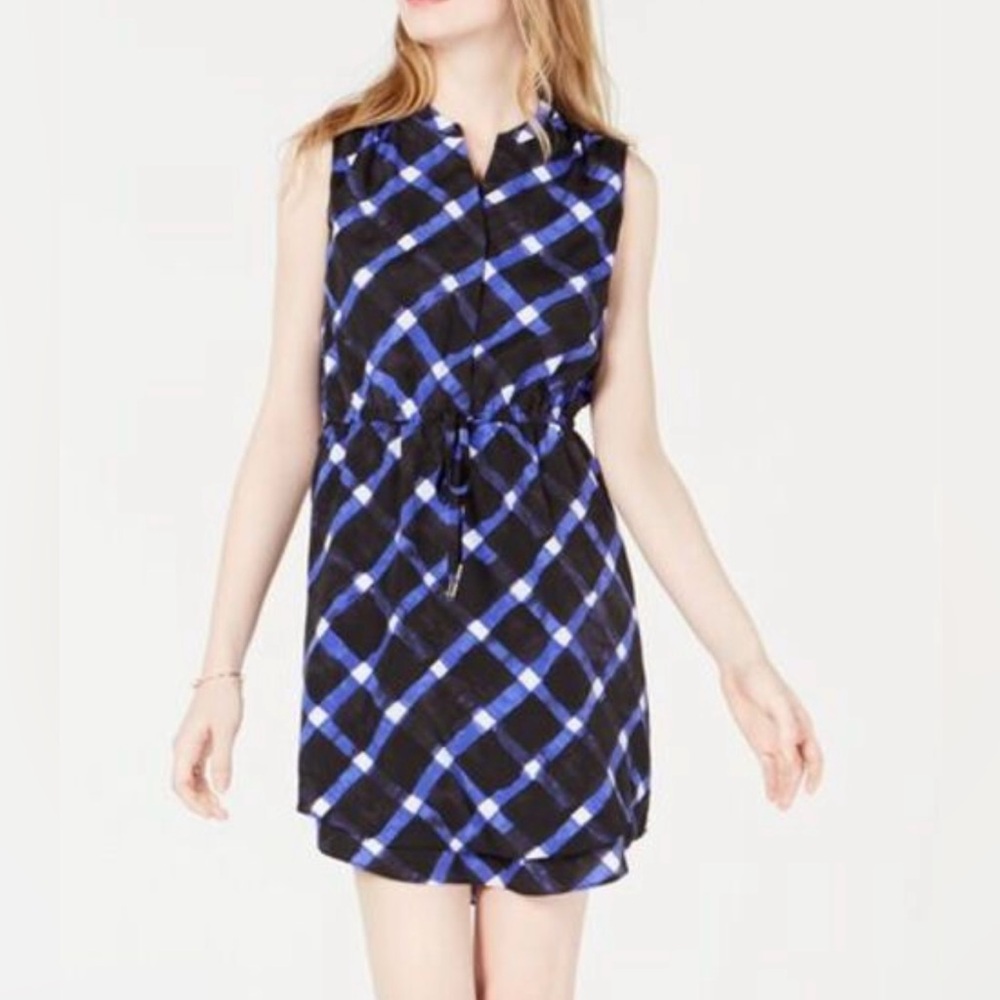 Maison Jules Women's Dress Plus Size XXL Blue Gingham Print Waist Drawstring